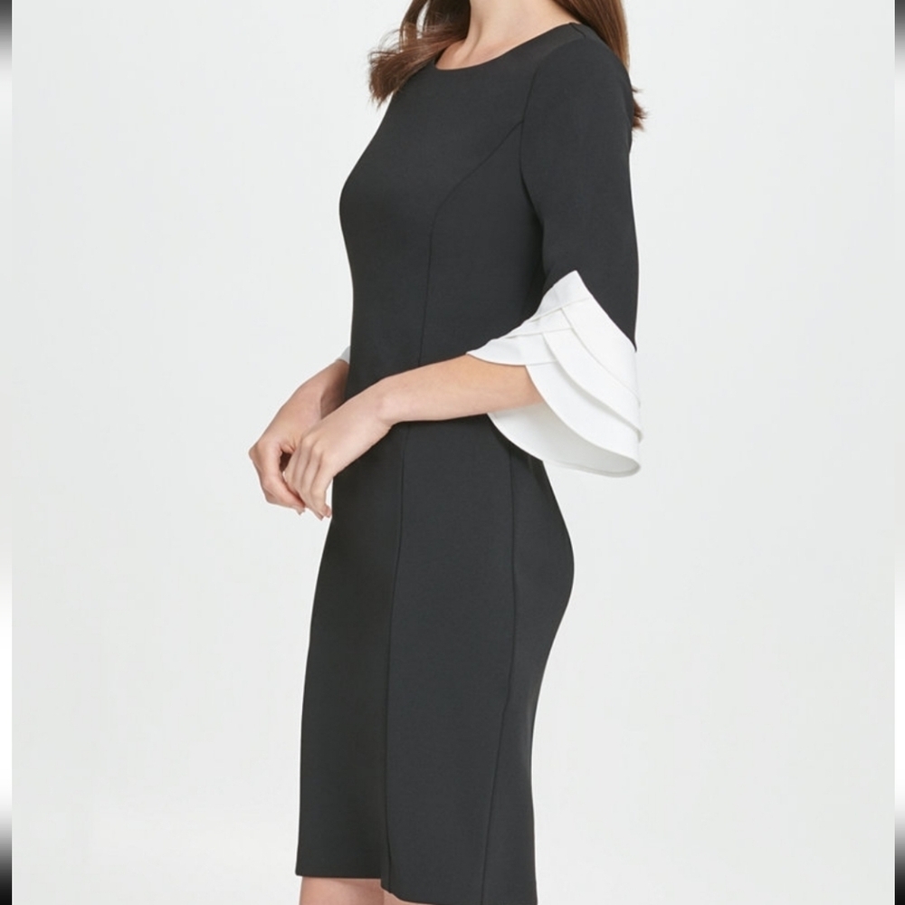 DKNY BLACK SHEATH DRESS W/TRIPLE RUFFLE SLEEVE SZ 6